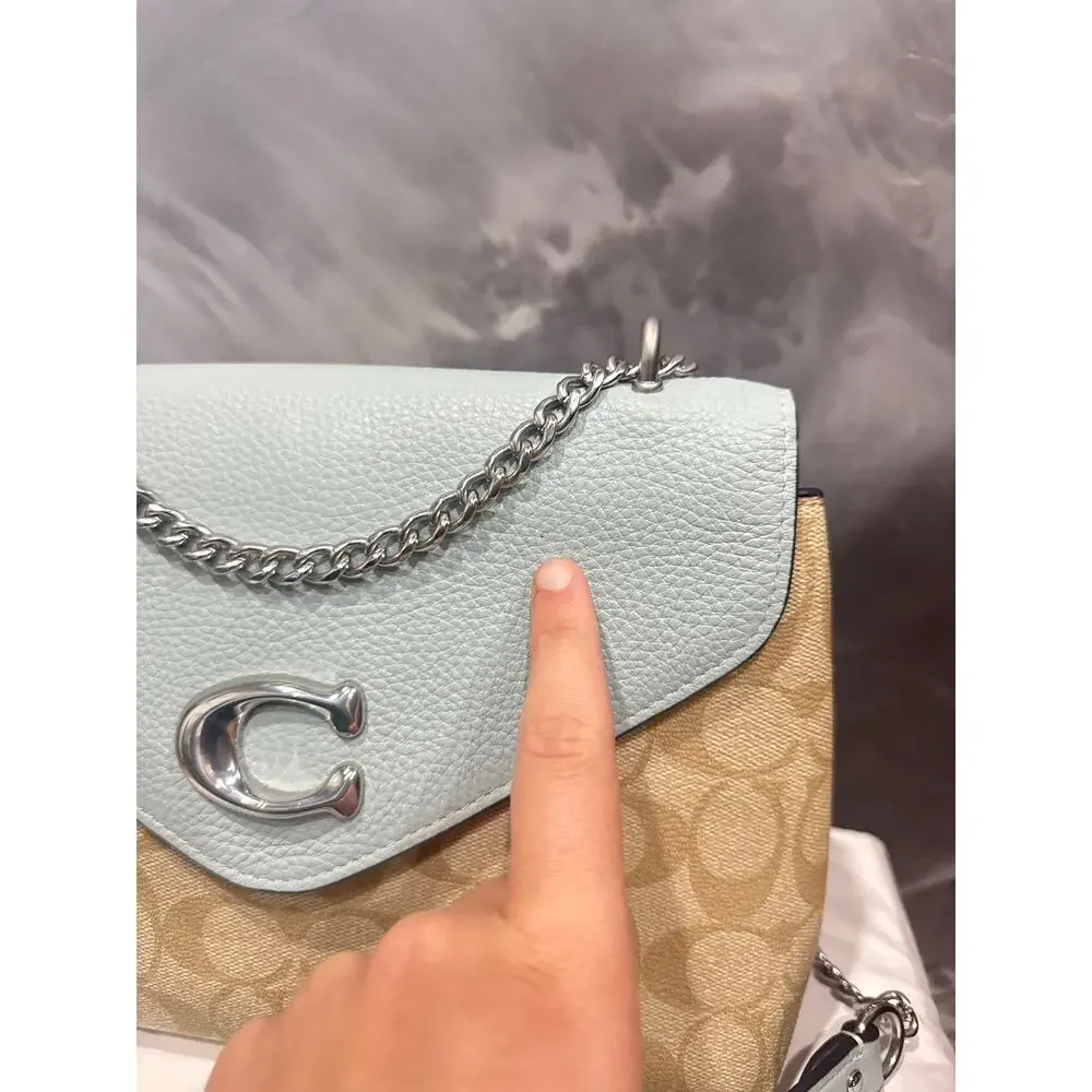 Coach Tammie Shoulder Bag in Signature Canvas Khaki Teal Chain Strap C6784